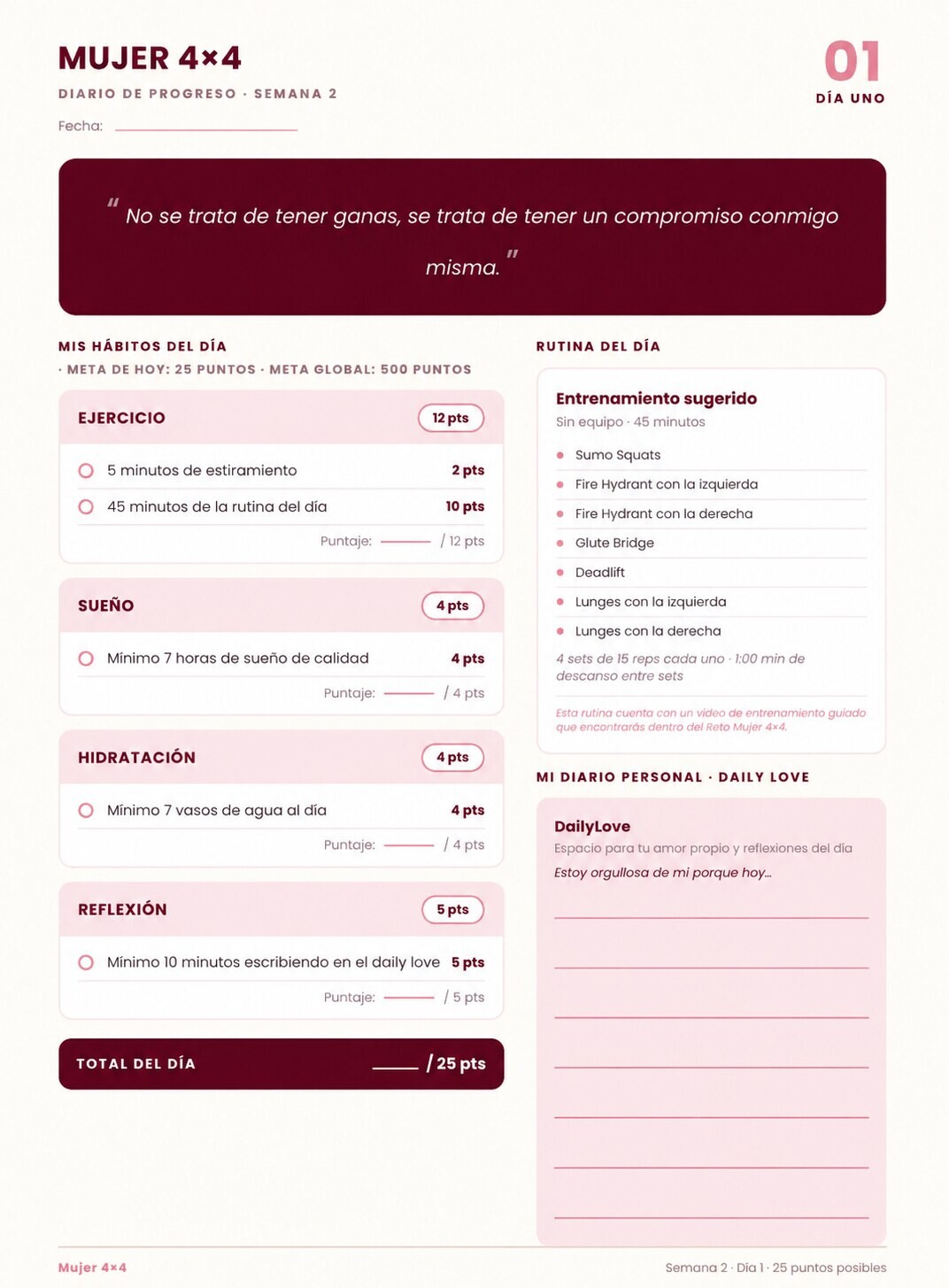 Página diaria real del Habit Tracker con hábitos, rutina del día y Daily Love